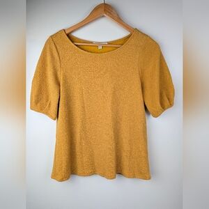Green Envelope Mustard Yellow Textured Knit Top Puff Sleeves Elastic Cuff Small